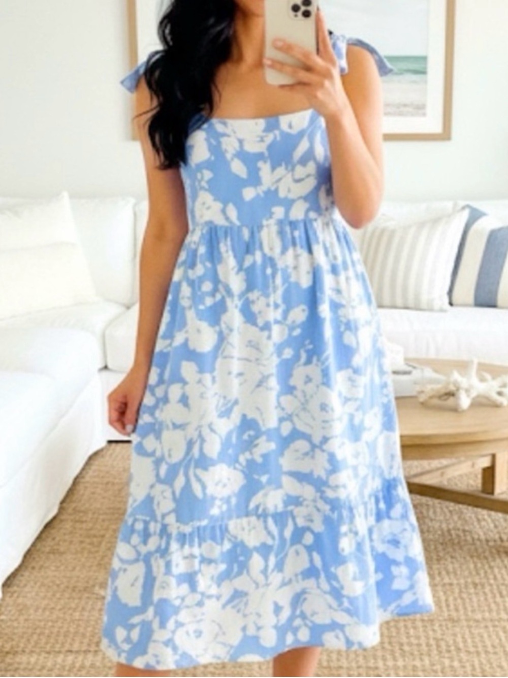 Hyacinth House Tuckernuck Blue and White Floral Lupine Midi Tie Shoulder Dress M - Picture 3 of 6